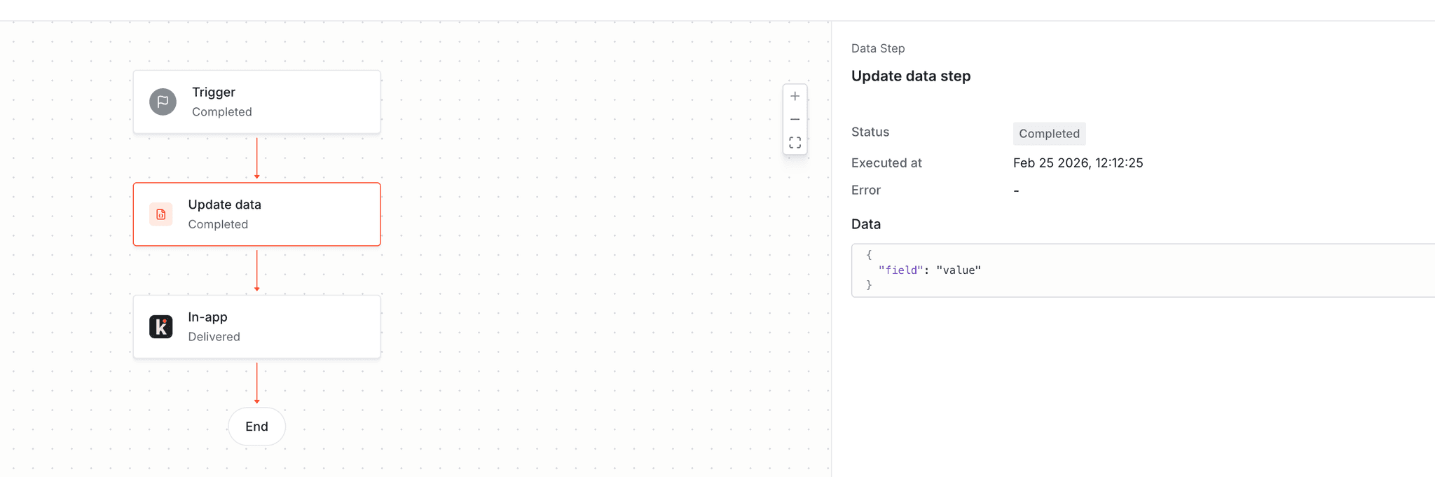 Viewing update data function step in the workflow run logs.